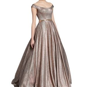 JOVANI OFF-THE-SHOULDER METALLIC BALL-GOWN